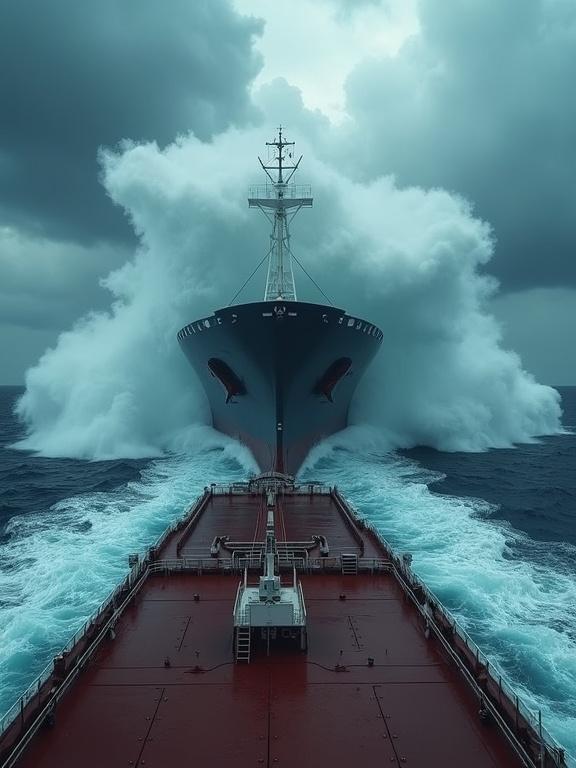 Powerful cinematic image from the bow of a large cargo ship in a turbulent ocean. Huge wave crests over the ship, creating white foam and spray. Wet deck visible under an ominous sky. Scene shows intense natural power and danger. Ship appears small against enormous waves.