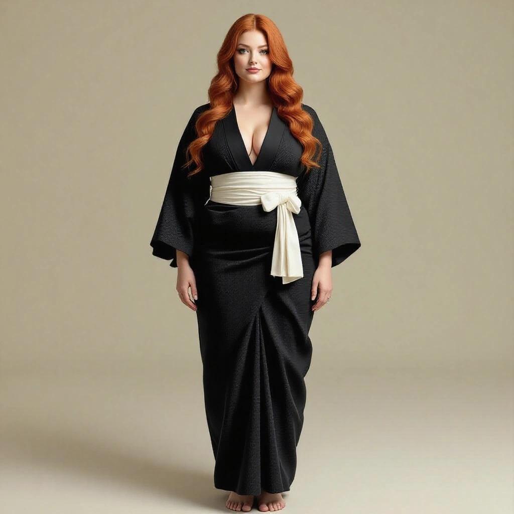 Full-body portrait of a confident thick woman in a black kimono. She has long wavy strawberry-blonde hair and natural facial features. The kimono is tied at the waist with a white sash. Background is plain with soft lighting.