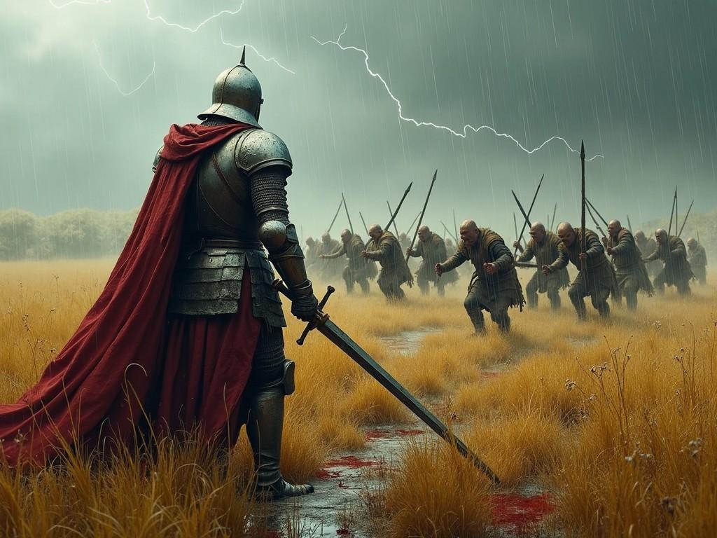 A lone knight in armor with a red cape facing an advancing group of warriors in a grassy field under a stormy sky with lightning.