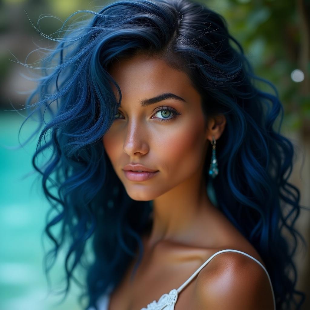 Beautiful woman with blue/black hair, tan skin, and blue/brown eyes. Looks like a Greek Goddess, sea goddess.