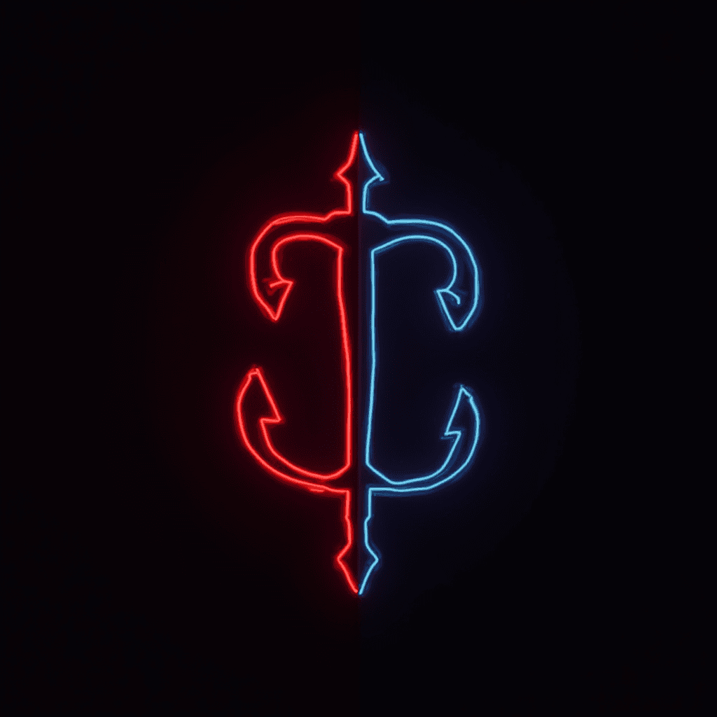 The image features a glowing emblem that resembles a stylized medieval symbol, divided vertically. The left side is illuminated in bright red neon, while the right side glows with a vivid blue neon. The emblem consists of a central vertical line with symmetrical, ornate curves and arrow-like accents extending outward from each side, creating an engaging and dynamic visual contrast against the dark background. This combination of colors and design conveys a sense of duality and balance.