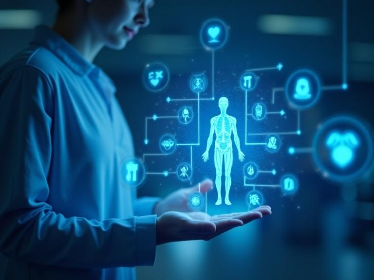 Holographic AI interfaces showcase health symbols and human anatomy. Soft blue tones with dynamic lighting create a futuristic atmosphere focusing on innovation in healthcare technology.