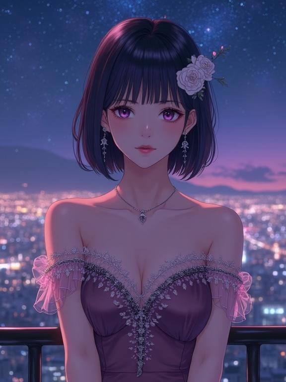 Anime lady poses gracefully in off-shoulder gown with floral details. Dark violet hair styled in bob with white rose pin. Standing by nighttime overlook with city lights and starry sky. Calm intelligent expression with elegant presence.