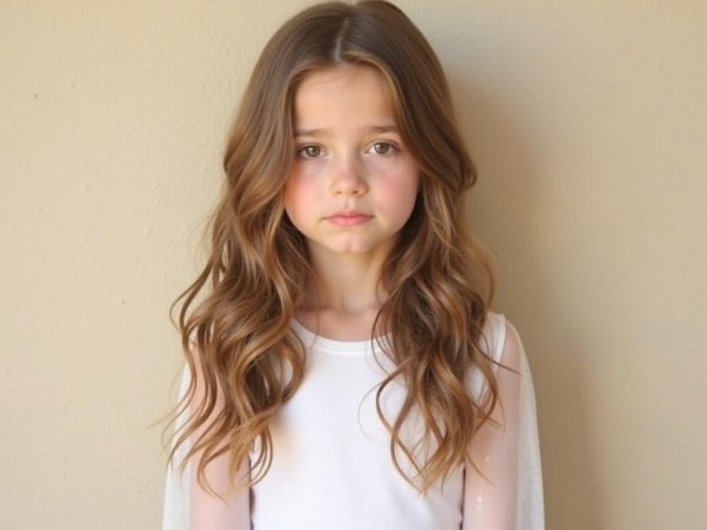 The image features a young girl with long, wavy light brown hair and fair skin. She is facing forward with a serious expression, wearing a white top with sheer sleeves. The background is a light, textured beige, providing a soft contrast to her outfit. The lighting appears natural and even, enhancing her features without harsh shadows.