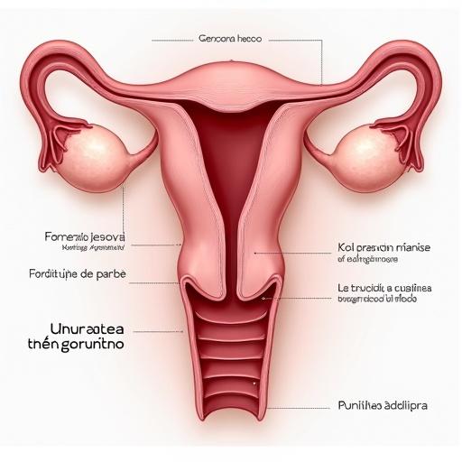 Hyper-realistic cross-section of the female reproductive system. Labels indicated in Spanish. Detail of the anatomical parts visible.