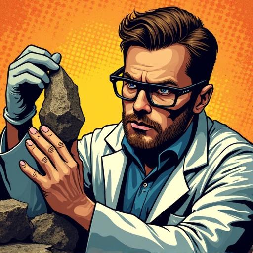 Pop Art style image showing a geologist analyzing a rock sample. The geologist wears gloves and has a focused expression. The background is vibrant orange with a textured pattern. Hands hold a rock. Scientific examination of rock to determine its silicate content is the theme.