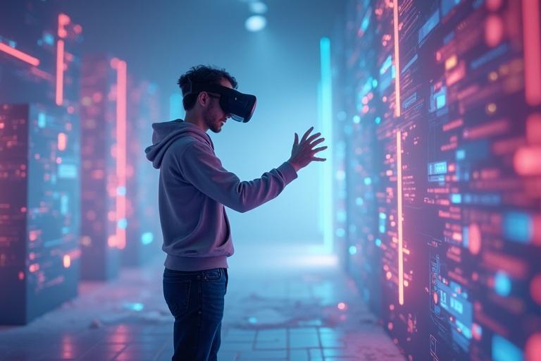 A person is interacting with an unreal world using VR goggles. The scene features vibrant digital elements and a sense of immersion.