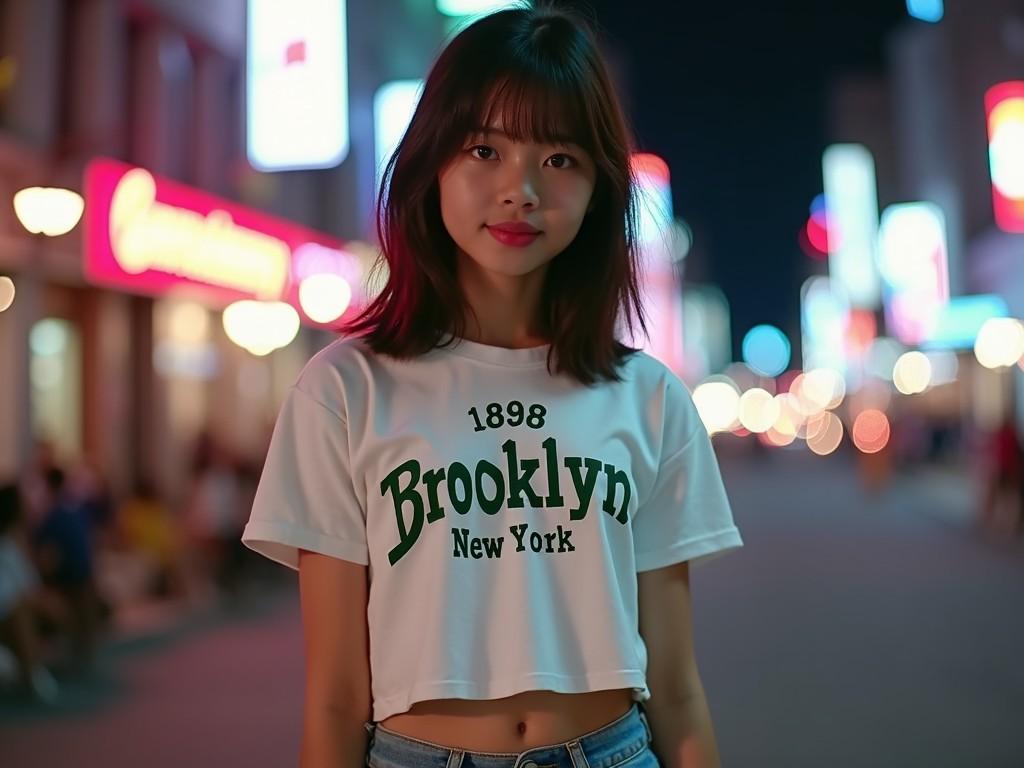 A young woman stands confidently on a city street at night, wearing a cropped white t-shirt that says 'Brooklyn' in green lettering. The background is illuminated with colorful neon signs, creating a vibrant atmosphere. She has long hair and a slight smile, looking directly at the camera. The setting suggests a lively urban environment, typical of nightlife scenes in major cities. The focus is on her, with a blurred backdrop that adds depth to the image.