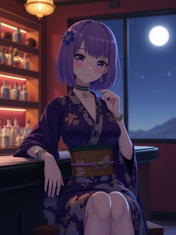A cinematic anime scene featuring a Japanese woman with violet hair seated in a bar. The character has elegant attire with a dark violet kimono adorned in gold and silver patterns. The bar has wooden shelves filled with liquor bottles and is softly lit. A moonlit night is visible through a large window. The overall mood is serene and sophisticated.