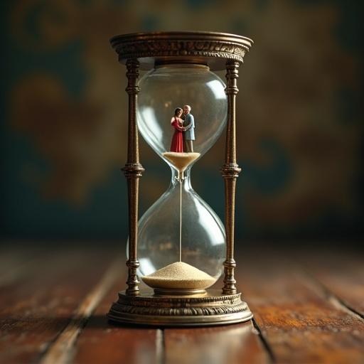 An ornate vintage hourglass is displayed prominently. The top bulb shows a young couple standing close, vibrant and in love. The bottom bulb depicts the same couple as elderly, walking with canes. Fine sand flows steadily from the top to the bottom, symbolizing the passage of time and life's journey. The artwork is detailed with cinematic lighting, emphasizing the concept of aging.