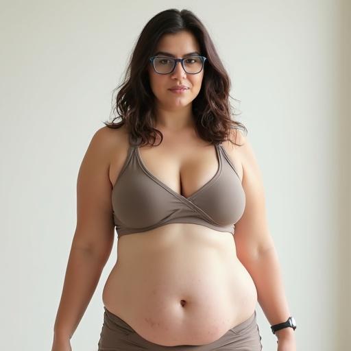 Full length shot of a curvy woman with dark brown hair wearing a sports bra and matching undergarments. She has glasses, a nose piercing, and an eyebrow piercing. Arms at her side, no makeup, pale complexion. Visible torso and legs.