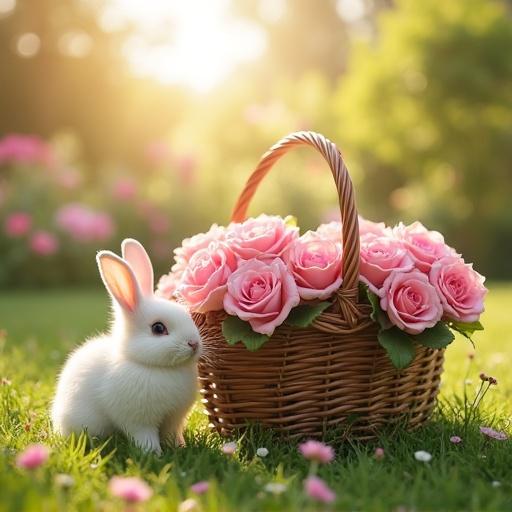 Basket filled with pink roses in a flower garden. White bunny sitting next to the basket. Image captured in bright sunlight.