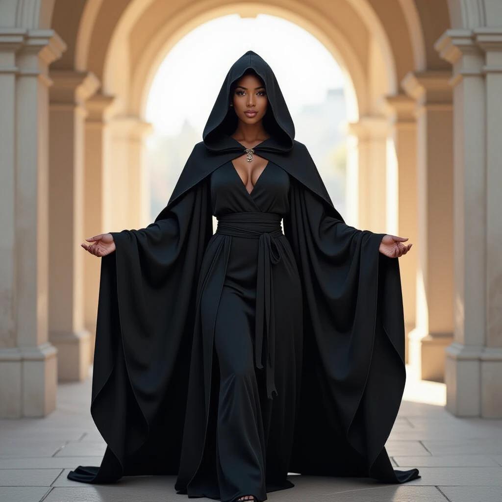 Black woman wears a black mage robe that flows around her. She stands in an archway. Soft light illuminates the scene.