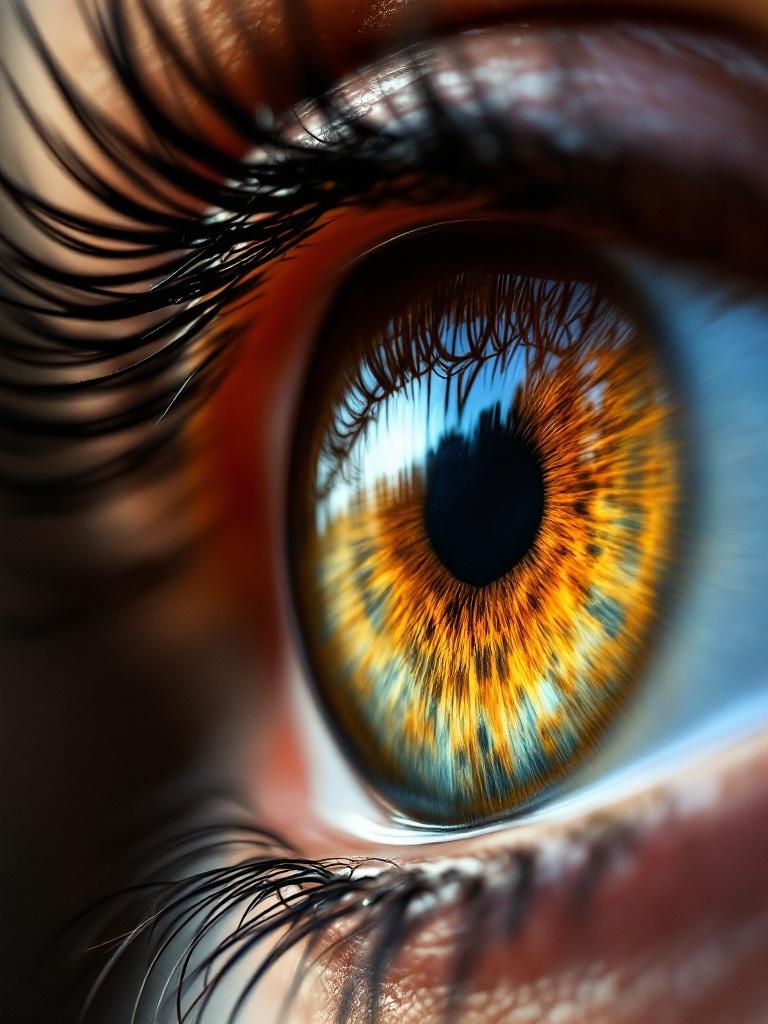 Detailed close-up image of a vibrant brown eye. Show intricate patterns of the iris. Highlight long elegant eyelashes. Well-lit eye emphasizing warm tones and texture. Reflect the word Quest in the glossy surface of the pupil. Softly blurred background to maintain focus on the eye and reflection.