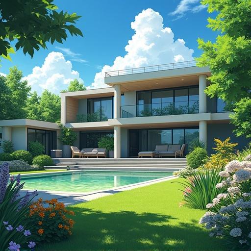 A modern and luxurious mansion garden in Indianapolis during summer morning. Features a well-maintained lawn, a swimming pool, and a stylish house design. Bright blue sky with fluffy clouds and vibrant greenery surrounding the property.