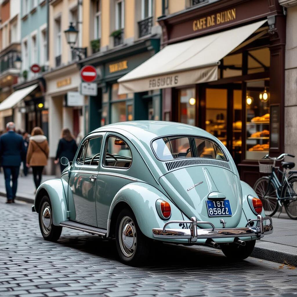 Street photography of a vintage 1950s Volkswagen Beetle parked on a bustling European city street. The car displays its iconic rounded silhouette and split rear window. Surroundings feature cobblestone pavement and period storefronts like a bakery and cafe. Pedestrians in 1950s attire walk by. A vintage bicycle leans against a wall. Soft afternoon light creates long shadows. A slightly grainy film aesthetic is present with shallow depth of field focusing on the Beetle.