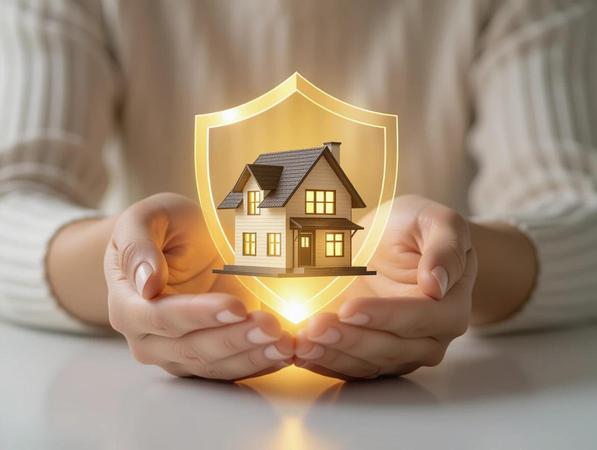Symbolic representation of property protection. Two hands support a small architectural model of a home. A golden shield surrounds the hands and house. Background is soft-focused and neutral. Warm lighting creates a reassuring atmosphere.