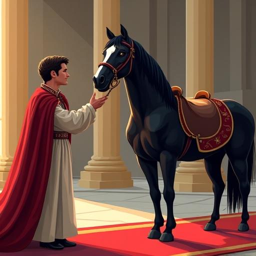 Illustration depicting a royal setting featuring a grand black wooden horse presented to a surprised king. Horse is elegant with glass eyes and a silver saddle. Soft style with warm colors and rounded lines. The background includes tall columns and a red carpet with curious courtiers. Horizontal format.