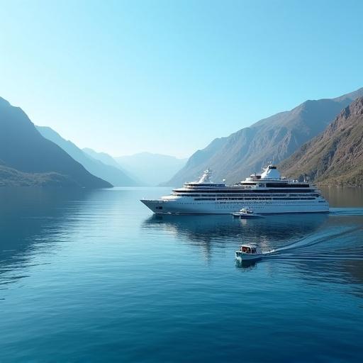 Large cruise ship and two small boats sail on tranquil lake. Clear dark blue water with ripples. Cruise ship on right. Small boats in middle of lake. Background has rolling green and brown mountains. Clear blue sky without clouds. Scene is serene and harmonious.