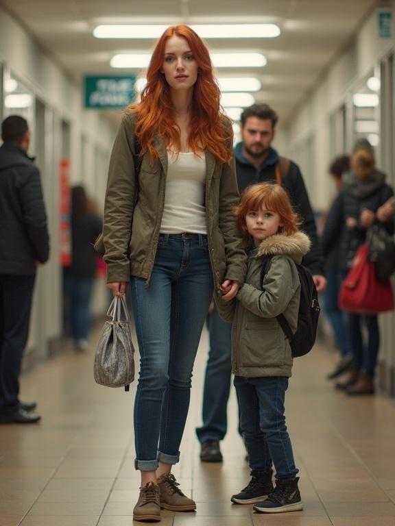 Mother with red hair stands in a bank holding the hand of her child. The child has curly hair and wears a coat. A line of people is visible in the background. The atmosphere appears casual and domestic.