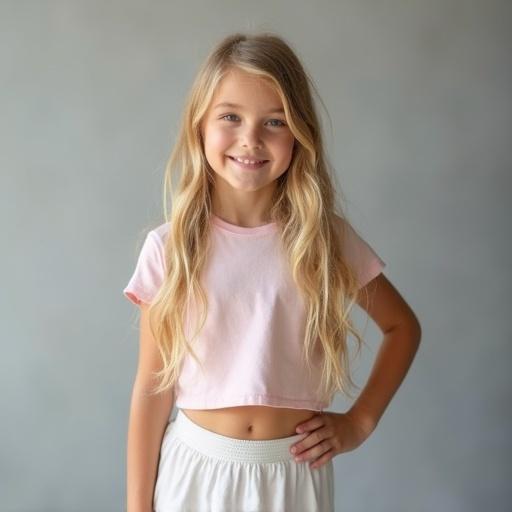 This image features a seven-year-old girl with long blonde hair. She is wearing a crop top t-shirt and a mini skirt. The background is soft gray. The lighting is soft and inviting. She poses with one hand on her hip. This captures a delightful moment in childhood.