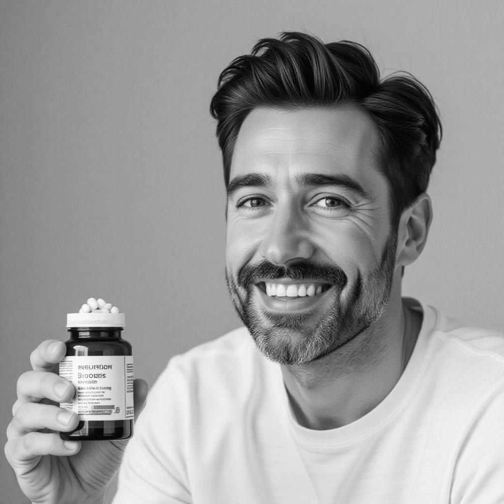Smiling man holding a bottle of pills in black and white. Man appears to be around 35 years old. High-resolution image with a wide shot composition.