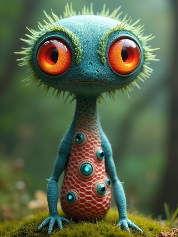 Imaginative surreal creature resembling a sentient plant or coral. Tall thin body tapering from a larger head. Large circular eyes with orange-red gradient. Soft green tendrils around head. Blue to red color gradient on body. Multiple smaller eyes embedded in torso. Mossy environment with blurred background.