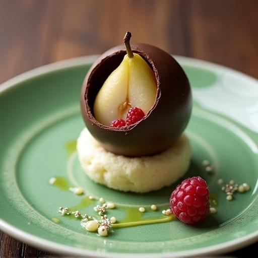 Chocolate sphere on a white chocolate biscuit. Inside the sphere are apple and pear mousse. Topped with croquelin and raspberry. Presentation on a green patterned plate with a crumble and meringue.