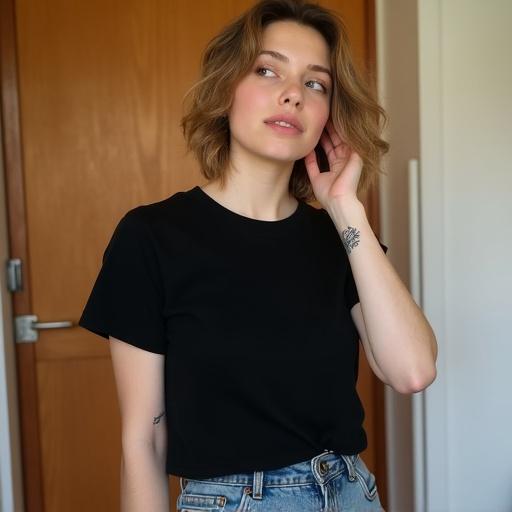 Casual indoor portrait of a young woman with short wavy light brown hair and blonde highlights. She poses with her right hand in her hair looking up and to the left. She wears a black round neck t-shirt and faded light-wash denim. Displayed are two small tattoos on her left arm and a white band on her wrist. A wooden door and pale walls form the simple background. Soft natural light illuminates the scene.