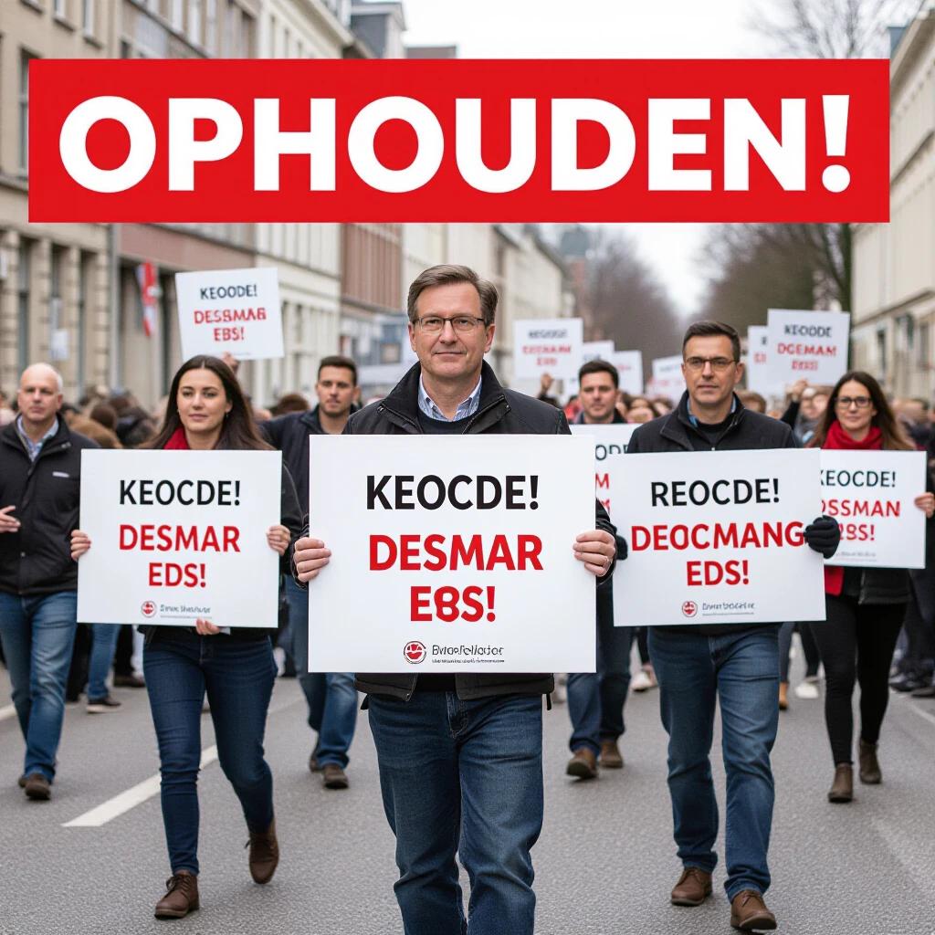 Protesters gather on a city street. People hold large signs. Signs demand action with various messages. A large red graphic states OPHOUDEN!