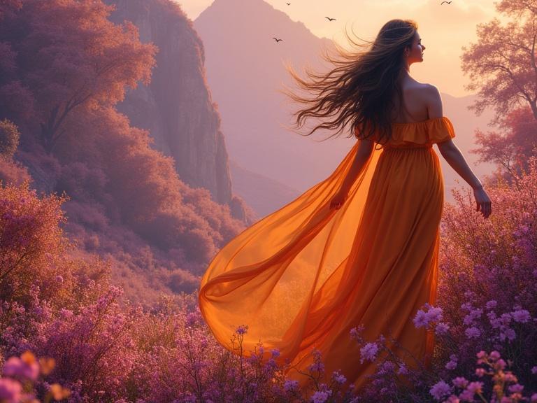A woman resembling Cleopatra stands in a dreamy floral landscape. The scene includes purple flowers and soft lighting. Her flowing orange dress billows in the wind. The background features mountains and a soft sunset glow.