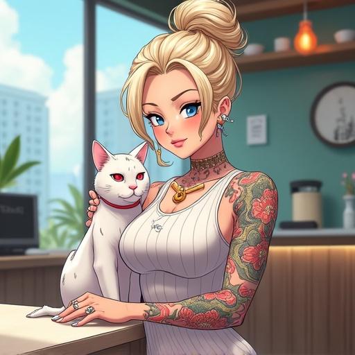 Anime character with frosted blue eyes and light blonde high bun. Wearing a pinstriped office dress. Modern office space with a cat. Colorful Japanese tattoos on arms. Holding a fitted white cat. Bright and inviting scene.