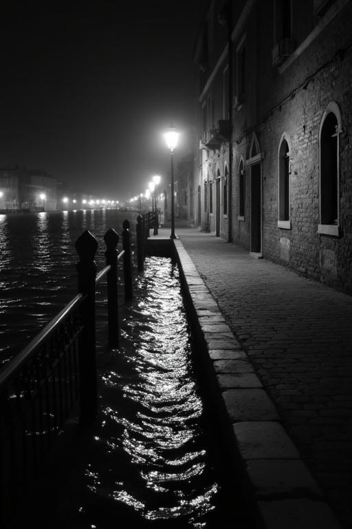 Cinematic black and white image of a Venetian quay at night. Low-angle view from canal level. Old stone quay and iron railing in focus. Calm water ripples reflect soft light from streetlamps. High contrast shadows and film-like texture. Scene evokes a quiet, moody feel. No people present in the composition.