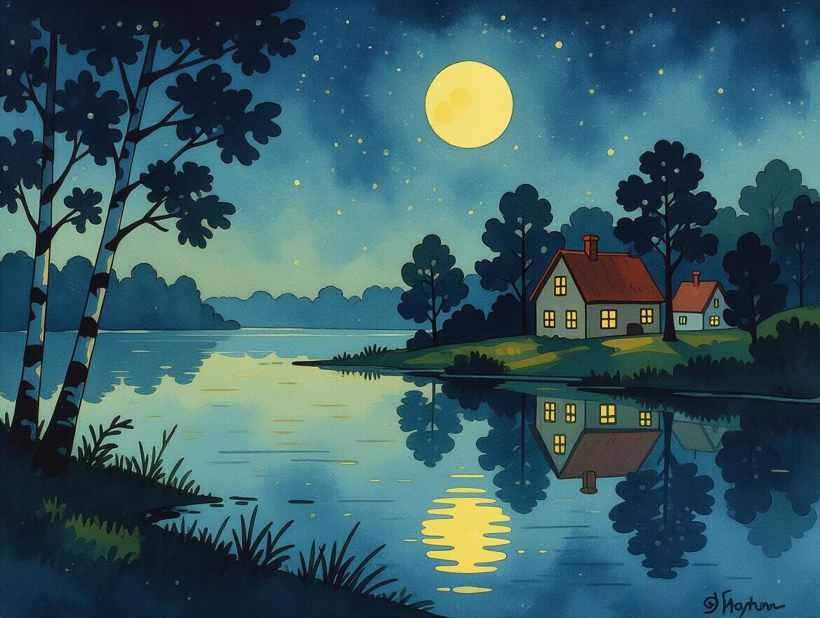 A tranquil lakeside scene at night. A full moon casts its glow. Two charming houses beside the water. The water reflects moonlight. Tall trees frame the view. Soft blues and greens dominate the colors. Vivid stars scattered in the night sky. Cozy and inviting atmosphere. Impression of calmness and serenity.