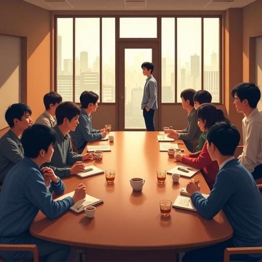 Interior of a university seminar room. A group of ten to twelve students chatting around an oval table. Tea cups and cookies on the table. Ren is standing at the door with a nervous yet determined expression. So-hee greets him with a warm smile from the table. The room has a relaxed and inviting ambiance. Digital illustration in a realistic and emotive style with soft, warm lighting. Cozy color palette.