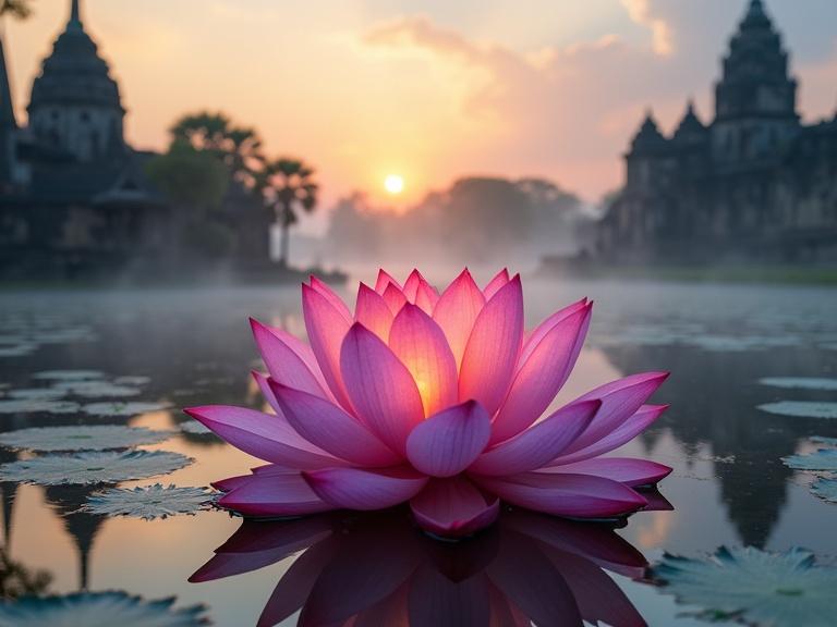 A colossal lotus flower with vibrant iridescent petals radiates a soft glow. It floats on a tranquil lake in Thailand during dusk. Mist gently caresses the landscape. Ancient temples are half-shrouded in mist. Weathered stones glisten with dew creating a meditative atmosphere.
