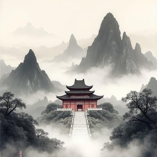 An ancient temple located harmoniously within a misty landscape, surrounded by towering mountains. The artwork reflects traditional Chinese ink and wash style, creating a serene and tranquil ambiance.