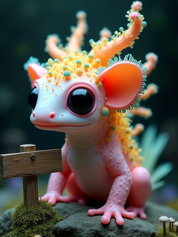 Surreal image of a whimsical creature blending axolotl features with coral and alien flora. Body is light pink with bead-like textures. Head is vivid orange with mushroom-like growths. Huge glossy black eyes in a smooth, amphibian-like face. Protrusions from the head resemble coral and fungus. Creature is seated on a mossy rock, surrounded by a dark background with glowing orbs and fantasy mushrooms.
