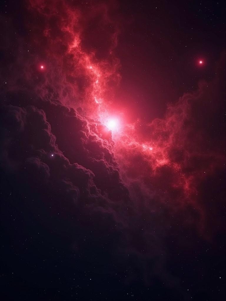 A starfield in deep space with a dark background. Crimson neon glow highlights the clouds and light sources. Image is highly detailed and ultra-realistic. Features atmospheric perspective and a cinematic view, described as a masterpiece.