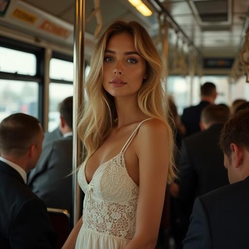 Young woman with golden blonde hair in a city bus. Her dress is lacy and short. Crowded bus interior with metal poles and warm lighting. Dynamic lighting and dramatic scene. Focus on her facial expression. Aesthetic composition and rich colors.