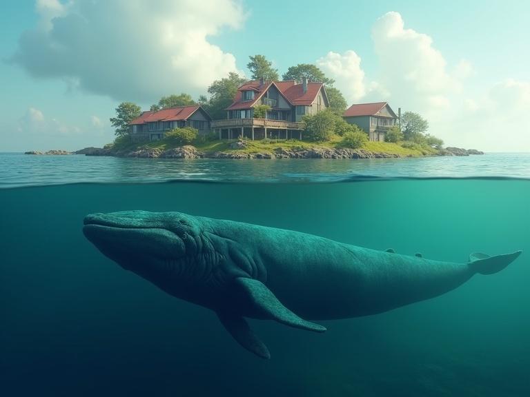 A surreal island with houses at the surface while an old blue whale is underwater. The scene captures hyper-realistic elements and intricate details in a natural color palette.