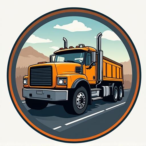 Logo design featuring an orange truck on a scenic road. Background includes mountains and blue skies. Emphasizes road maintenance theme. Circular badge style.