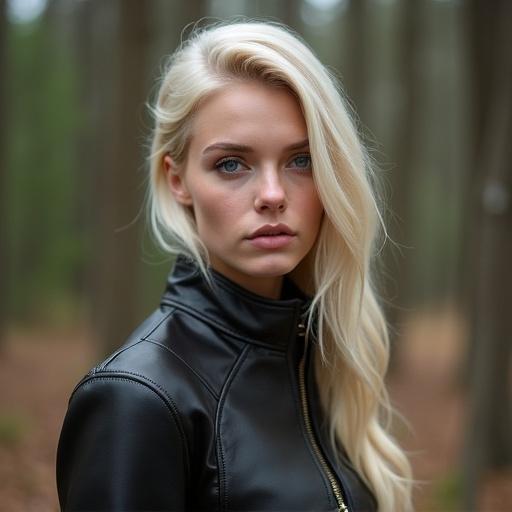 Model with very light blonde hair and blue eyes stands outside in a forest setting wearing a leather outfit. She has an attractive and elegant look. The image captures her feminine features in soft, natural light.