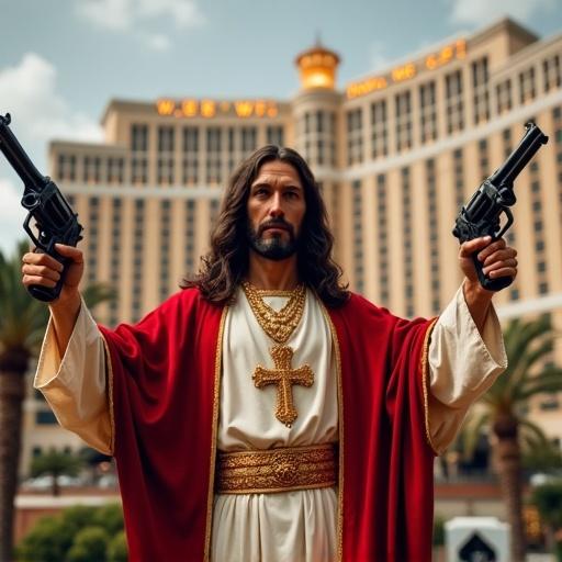 Jesus Christ dual wielding revolvers in front of the Bellagio in Las Vegas. The setting features vibrant architecture and palm trees. The scene combines religious imagery with a modern twist.