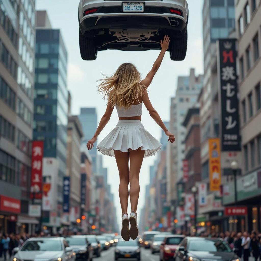 Blonde girl viewed from behind floating in a crowded city. She is flying midair with her feet off the ground. Full-body view shows her in a white pleated miniskirt and lifting a car with one hand.
