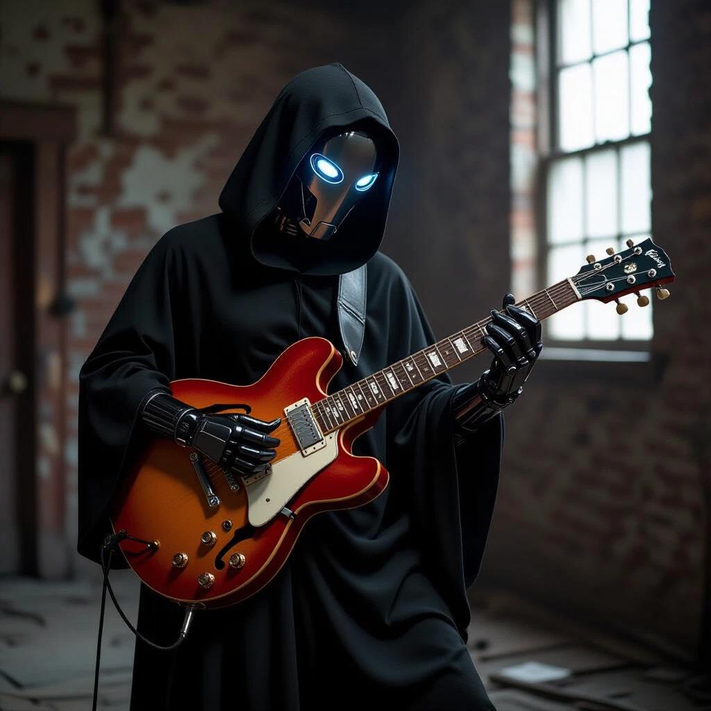 A human-like android dressed in black plays a blues guitar in an old dark room.