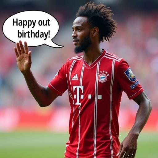 Realistic image of a football player from Bayern Munich waving with a speech bubble. Player wearing a red jersey. Speech bubble contains a birthday greeting.