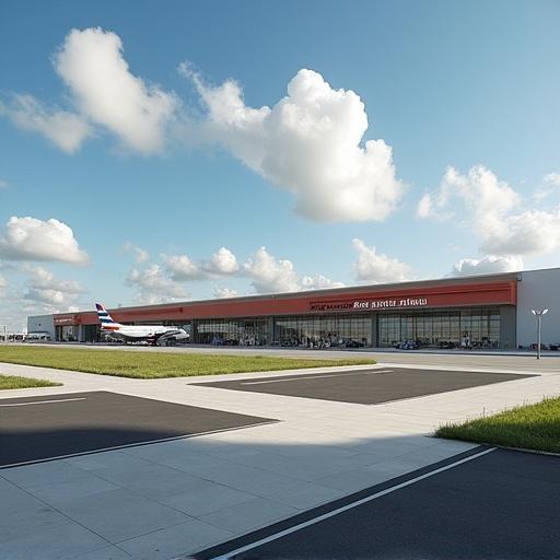 Son San Joan Airport located in Mallorca. The modern airport building features large glass windows. A plane is parked in front. The sky is filled with fluffy clouds. Green grass surrounds the airport area.
