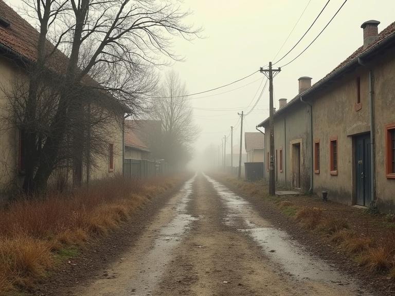 Photograph depicts an empty, windy street from the 19th century in Eastern Europe. Scene features a dirt road with puddles and buildings on either side. Fog envelops the area, adding to the atmosphere.