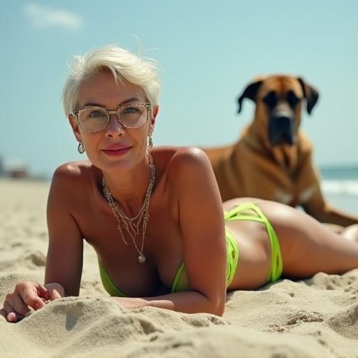 A beautiful woman lies on the sand in a micro bikini. She has short platinum blonde hair and wears glasses. Her blue eyes and red lips are noticeable. She has a necklace and earrings. A Great Dane with light brown fur is in the background.